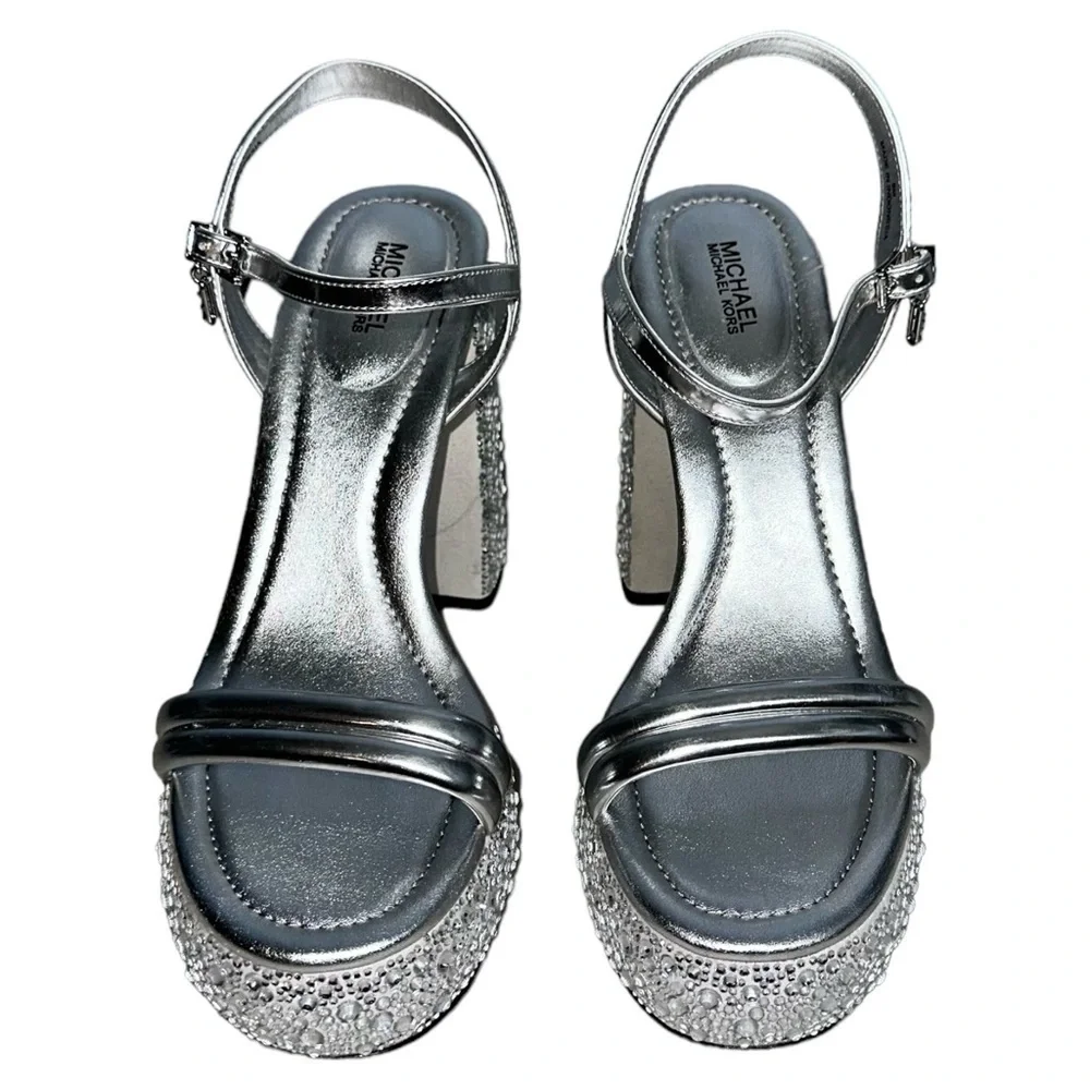 Michael Kors‎ size 9 Laci Embellished Metallic Silver Leather Platform Sandals